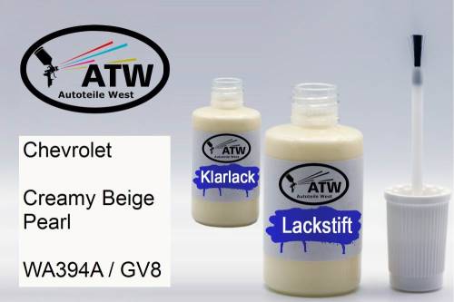Chevrolet, Creamy Beige Pearl, WA394A / GV8: 20ml Lackstift + 20ml Klarlack - Set, von ATW Autoteile West.